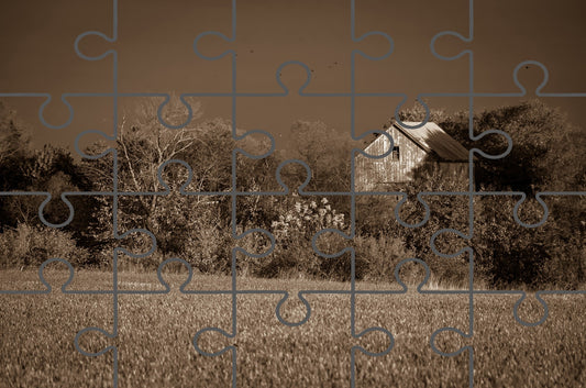 Abandoned Barn In The Trees Sepia Landscape Photo Digital Puzzle