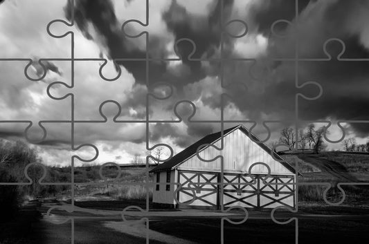 Aging Barn in the Morning Sun Black and White Rural Landscape Photograph Digital Jigsaw Puzzle
