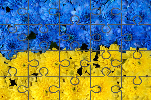 Blue and Yellow Chrysanthemums Floral Photograph Digital Jigsaw Puzzle