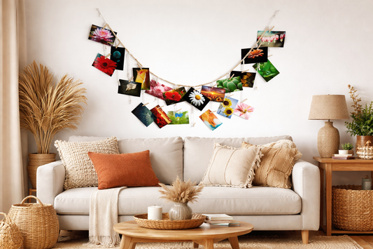 60" Boho Hanging Photo Display Garland with Wooden Beads & Clips | Picture Holder Wall Decor