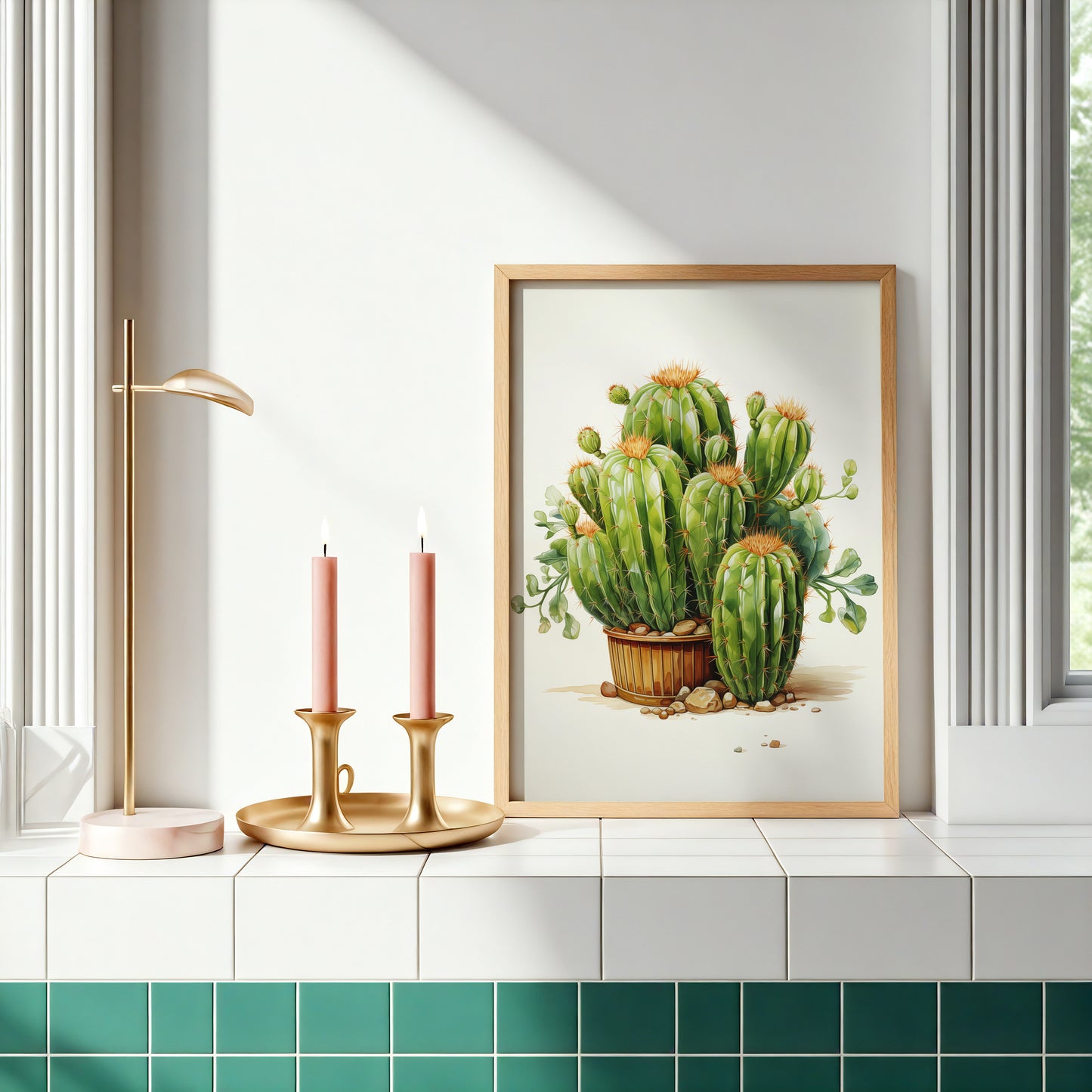 A Collection of Cacti Cactus Illustration Pencil Drawing Framed Framed in Bathroom Setting