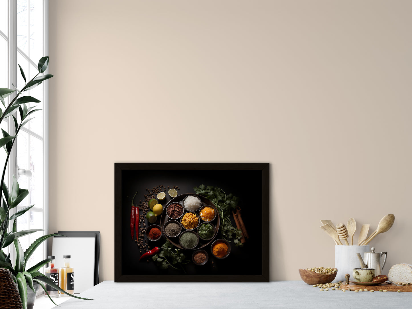A Culinary Canvas Herbs in Bowls Photorealistic Digital Artwork Wall Art Print in Kitchen Setting 2