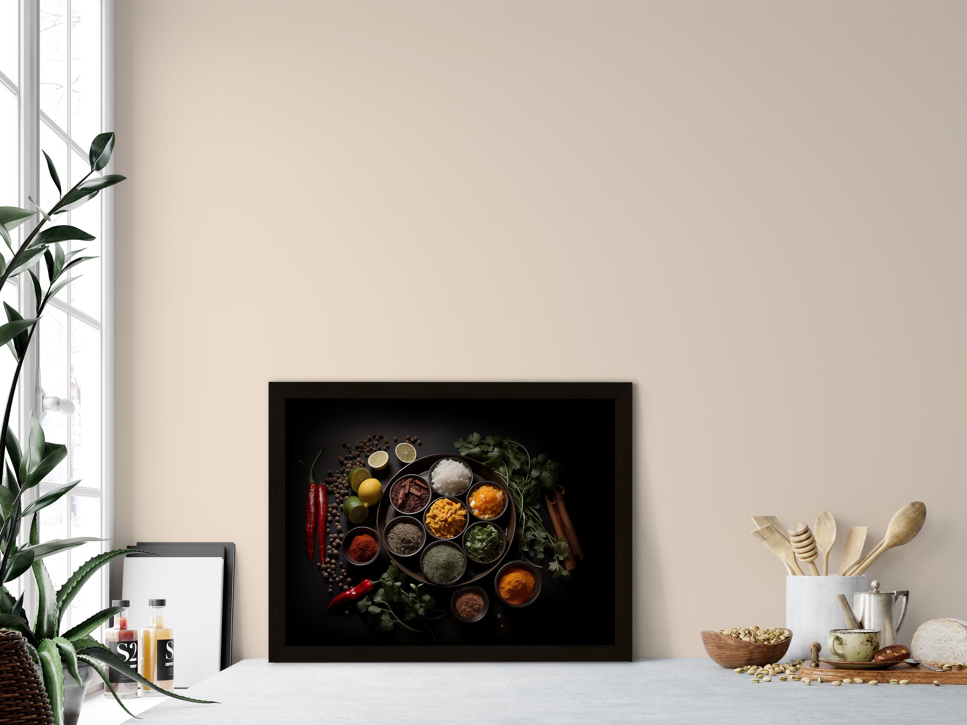 A Culinary Canvas Herbs in Bowls Photorealistic Digital Artwork Wall Art Print in Kitchen Setting 2