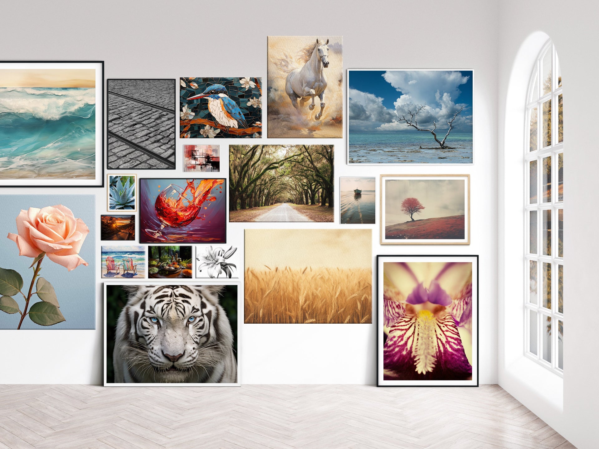 Nature-inspired art (Landscapes, florals, animals): These styles, as seen in the image with the horse, tiger, rose, and iris, bring a sense of tranquility and connection to the natural world. They are suitable for both home and office settings, promoting calmness and reducing stress.