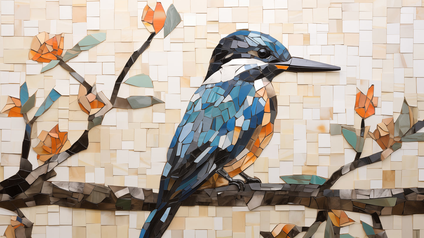 Mosaic artwork of a kingfisher bird on a branch with flowers.