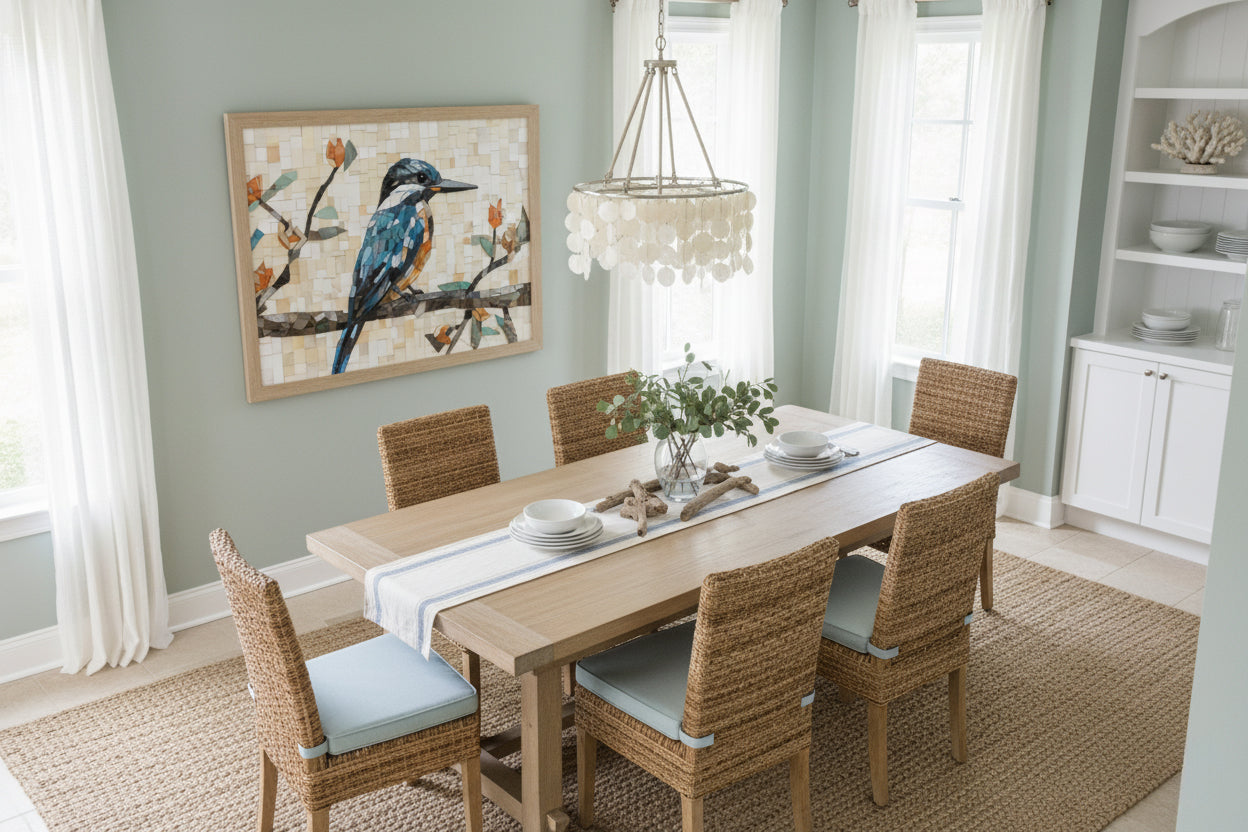 A Kingfisher Mosaic Digital Artwork DIY Downloadable and Printable Wall Art Print in Coastal Style Dining Room