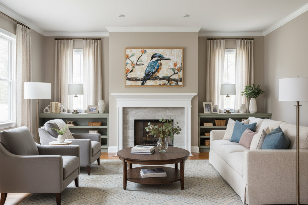 A Kingfisher Mosaic Digital Artwork DIY Downloadable and Printable Wall Art Print in Transitional Style Family Room