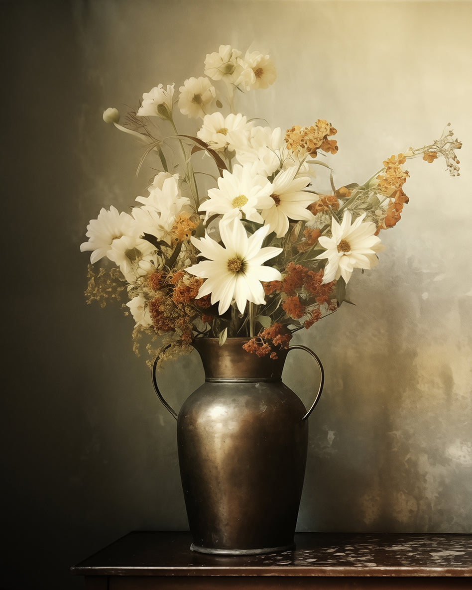 White Floral Wall Art: A Moment of Bloom Flower Bouquet Retro Subdued Photorealism - Digital Artwork Loose Print