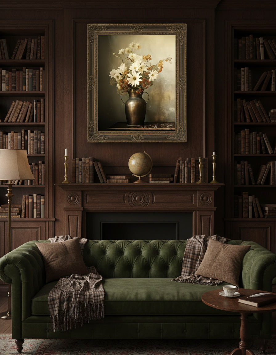 A Moment of Bloom Floral Bouquet Retro Subdued Photorealism DIY Downloadable and Printable Wall Art Print in Dark Academia Style Living Room