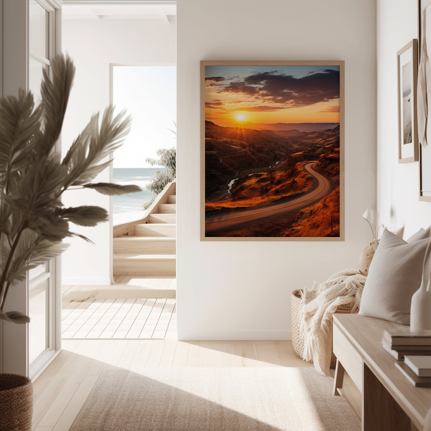 A Tranquil Trail Photorealistic Digital Rustic Artwork Downloadable Printable in Hallway Setting