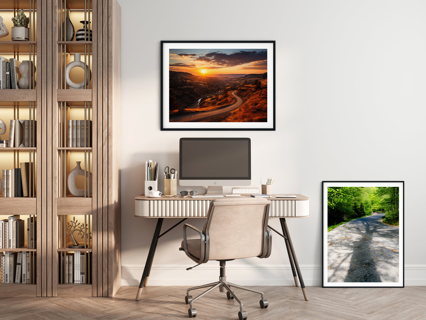 A Tranquil Trail Photorealistic Digital Rustic Artwork Downloadable Printable in Home Office Setting