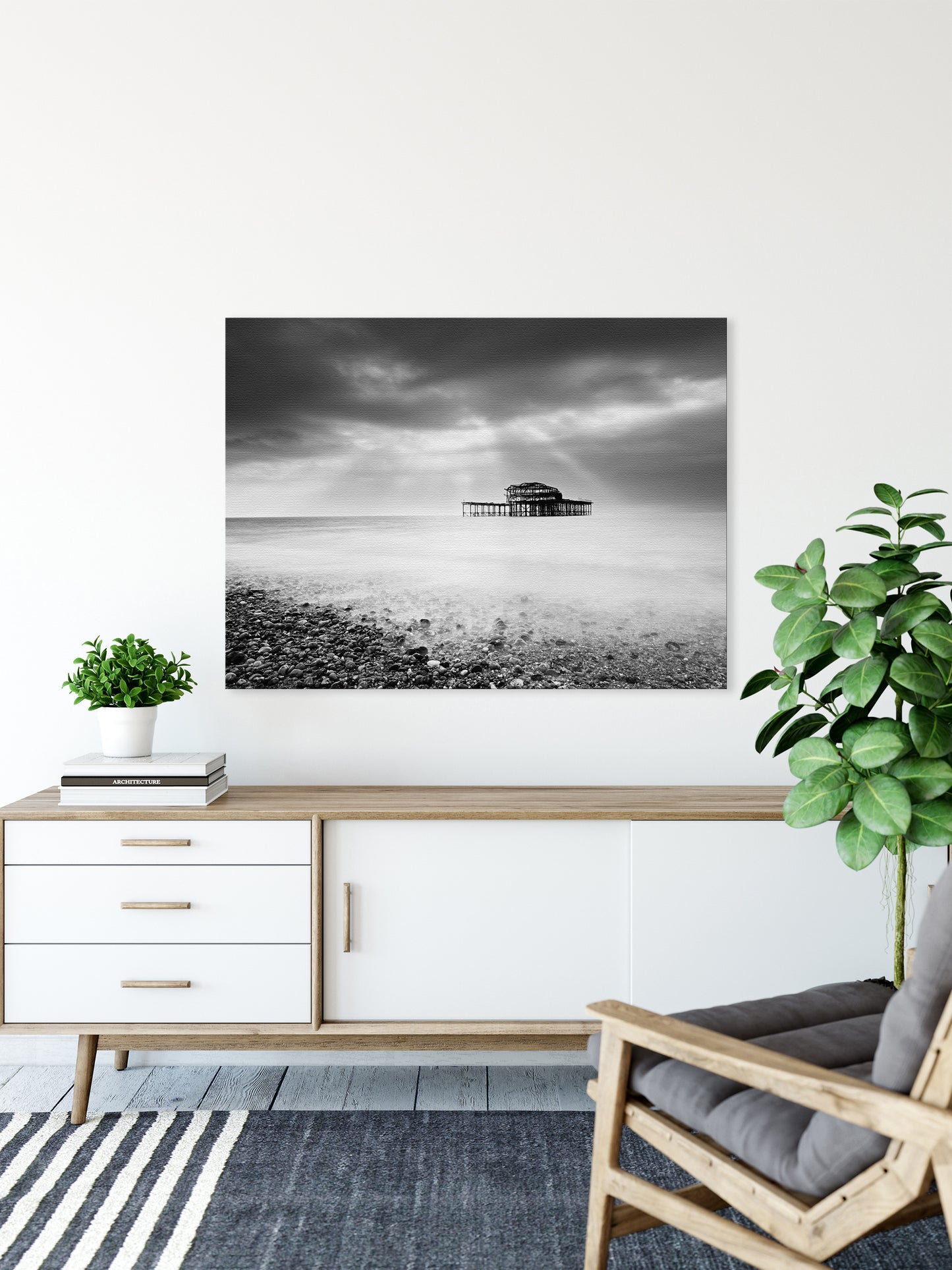 Wall Office Art:Abandoned West Pier Black and White - Coastal / Beach / Seascape / Nature / Landscape Photo Canvas Wall Art Print - Artwork - Wall Decor