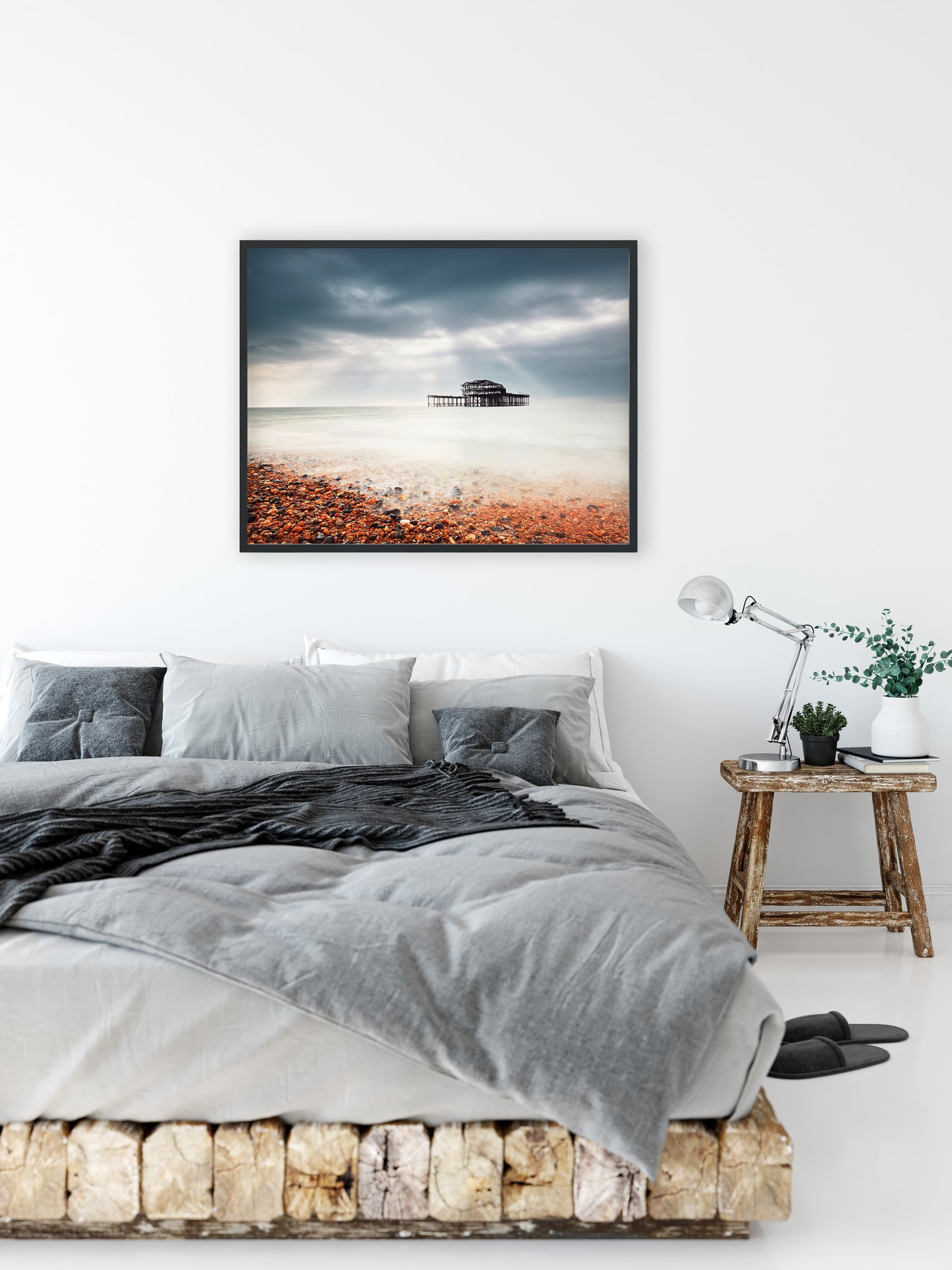 Framed Art Above Bed: Abandoned West Pier Vintage Gentle Touch Effect - Coastal / Beach / Seascape / Nature / Landscape Photo Framed Wall Art Print - Wall Decor - Artwork