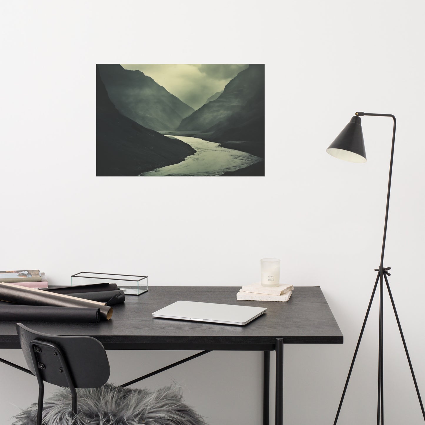 Above The Couch Wall Decor Ideas: Ancient River, Timeless Peaks Vintage Subdued Photorealism - Digital Artwork Unframed Print - Dark Farmhouse Style
