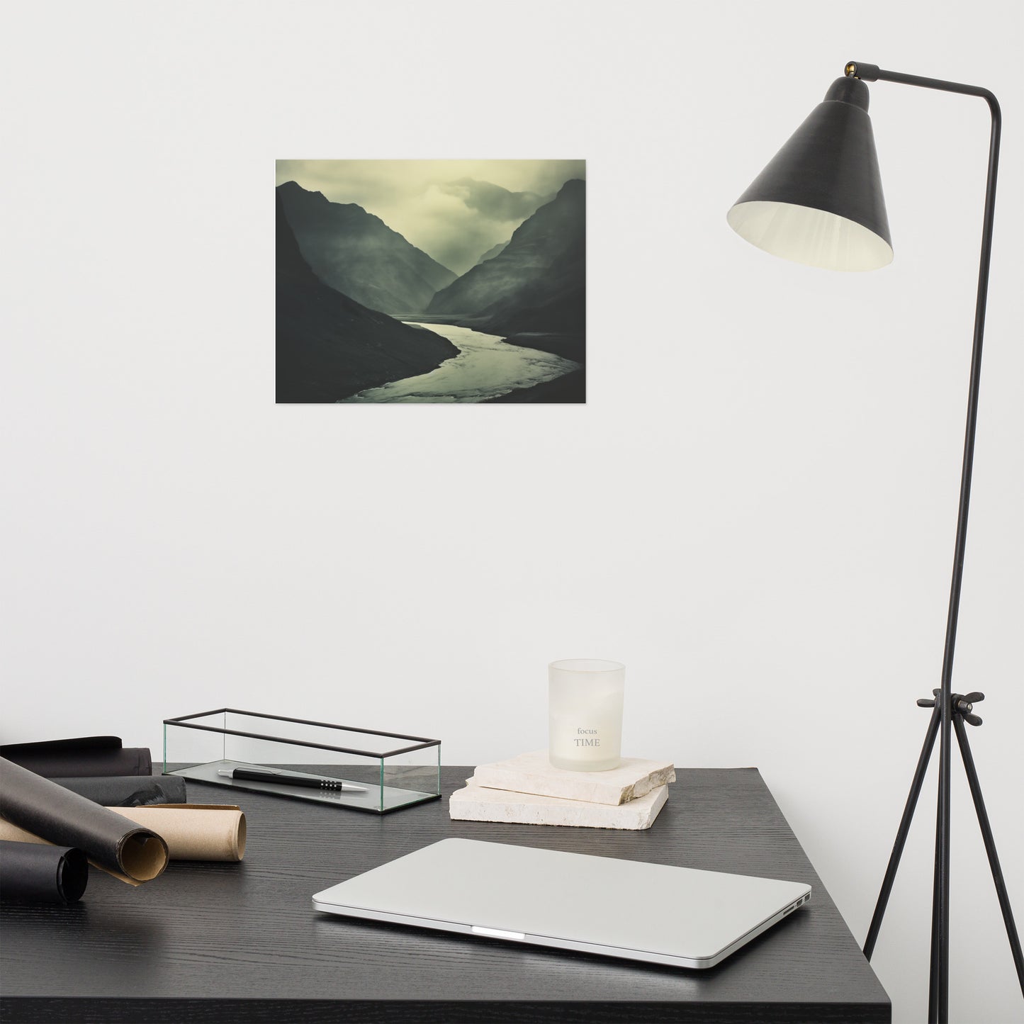 Abstract Art Decor Living Room: Ancient River, Timeless Peaks Vintage Subdued Photorealism - Digital Artwork Unframed Print - Dark Farmhouse Style