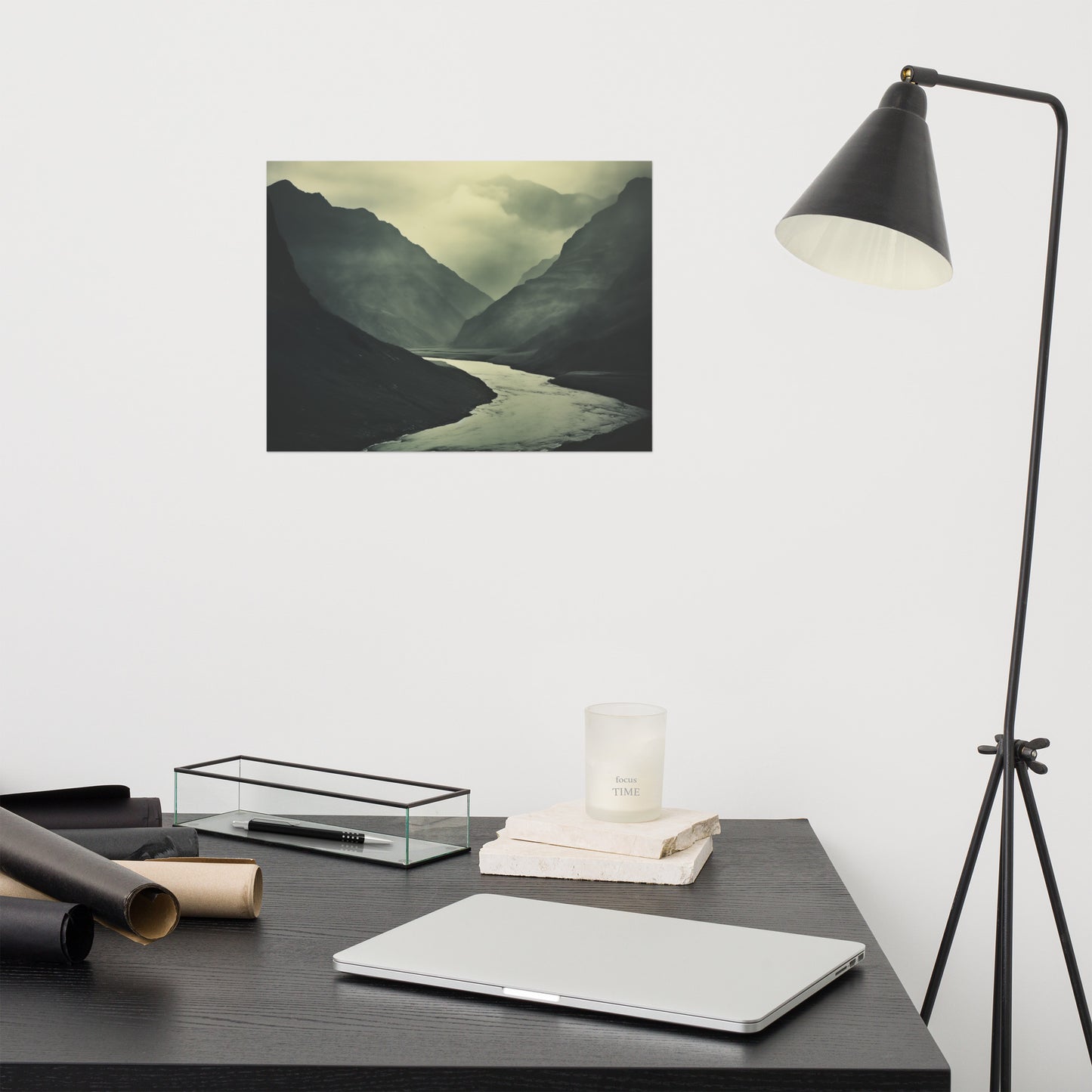 Abstract Art for Living Room: Ancient River, Timeless Peaks Vintage Subdued Photorealism - Digital Artwork Unframed Print - Dark Farmhouse Style