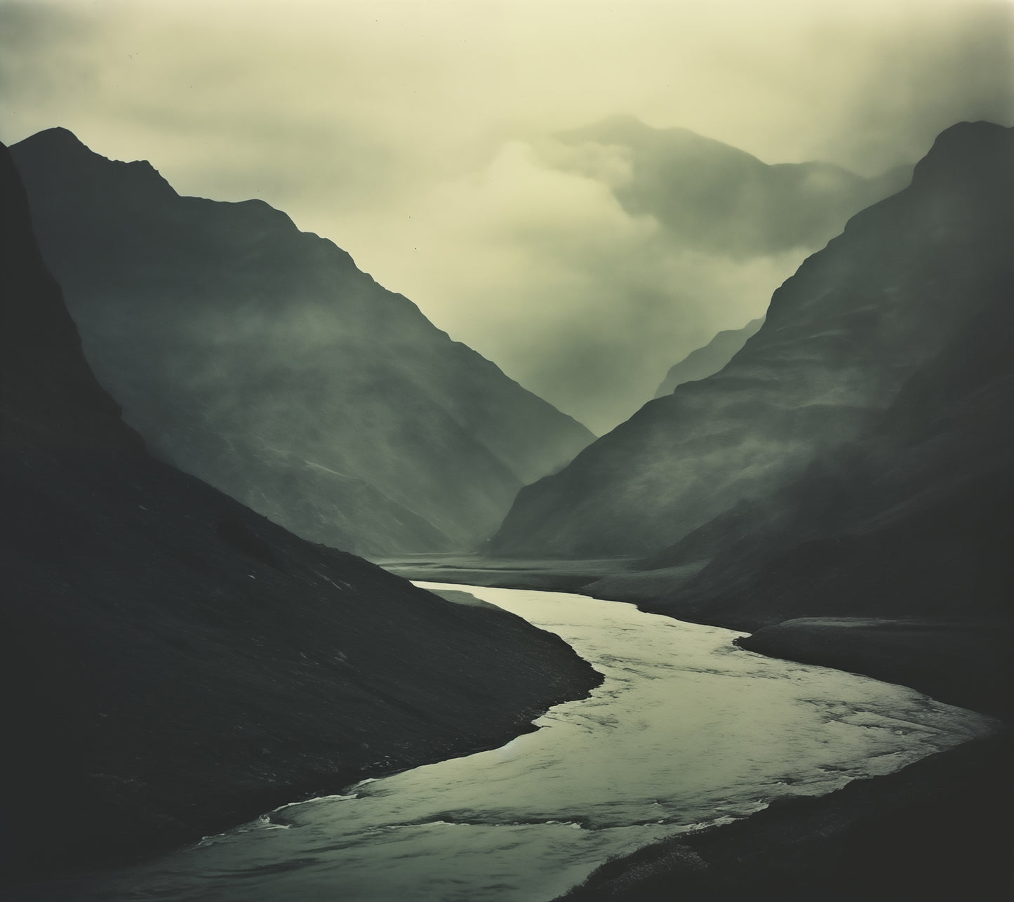 Commercial Artwork For Offices: Ancient River, Timeless Peaks Vintage Subdued Photorealism - Digital Artwork Frameable Print