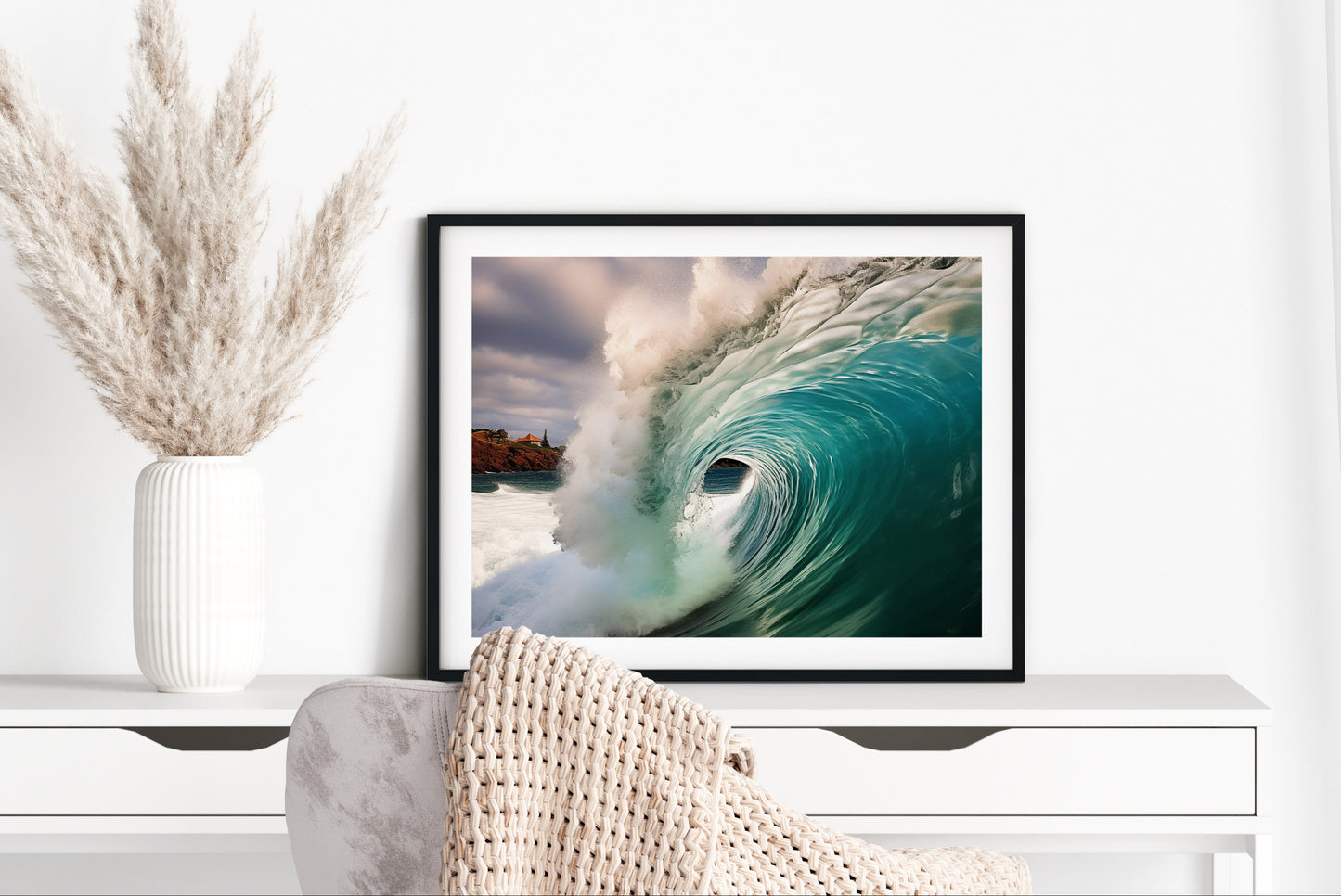 Aqua Embrace Photorealistic Digital Painting Coastal Wave - Framed and Matted in Home Office Setting