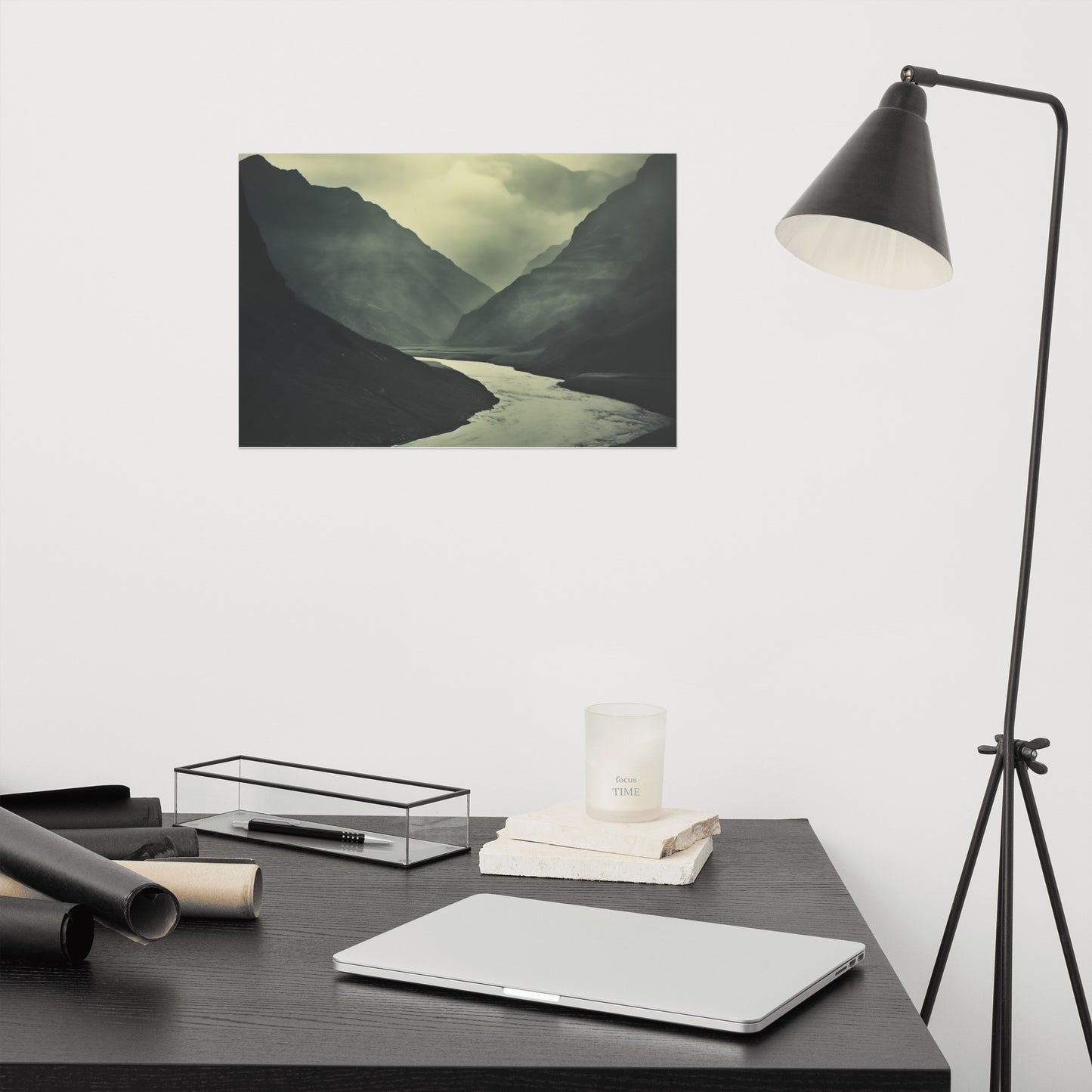 Art for Front Room: Ancient River, Timeless Peaks Vintage Subdued Photorealism - Digital Artwork Unframed Print - Dark Farmhouse Style