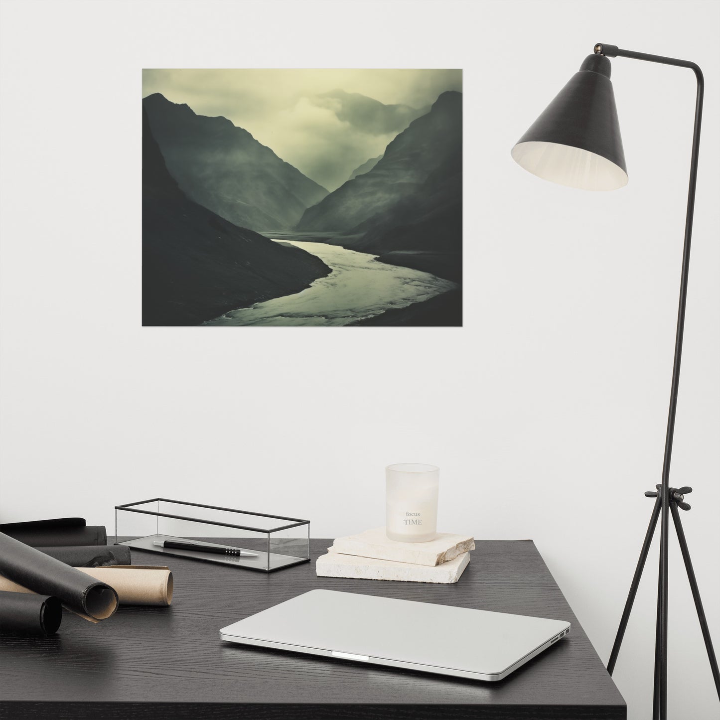 Artwork Lounge Room: Ancient River, Timeless Peaks Vintage Subdued Photorealism - Digital Artwork Unframed Print - Dark Farmhouse Style