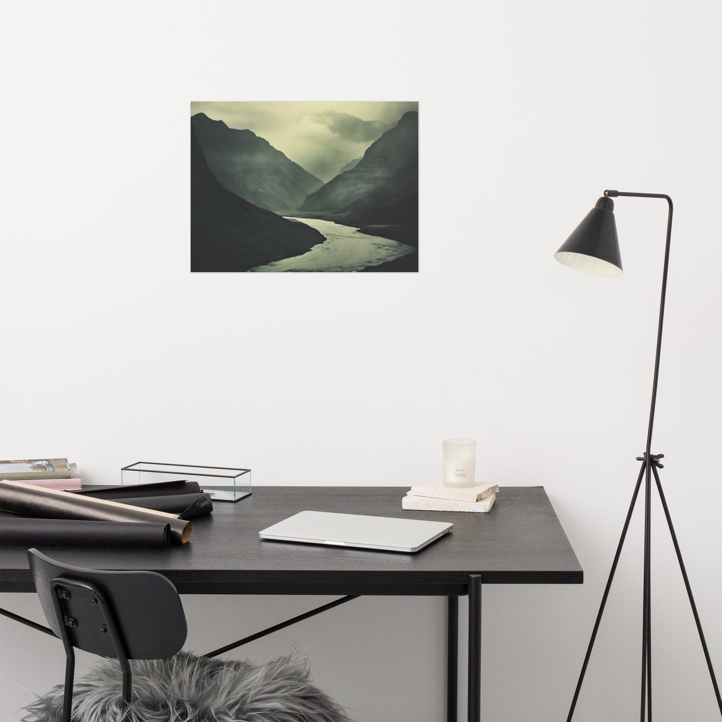 Artwork to Hang in Living Room: Ancient River, Timeless Peaks Vintage Subdued Photorealism - Digital Artwork Unframed Print - Dark Farmhouse Style