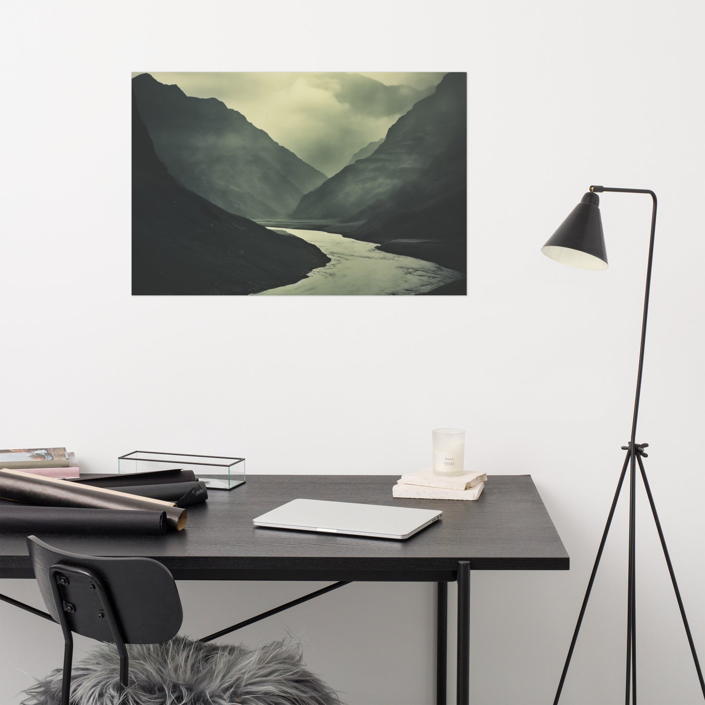 Bachelor Living Room Wall Art: Ancient River, Timeless Peaks Vintage Subdued Photorealism - Digital Artwork Unframed Print - Dark Farmhouse Style