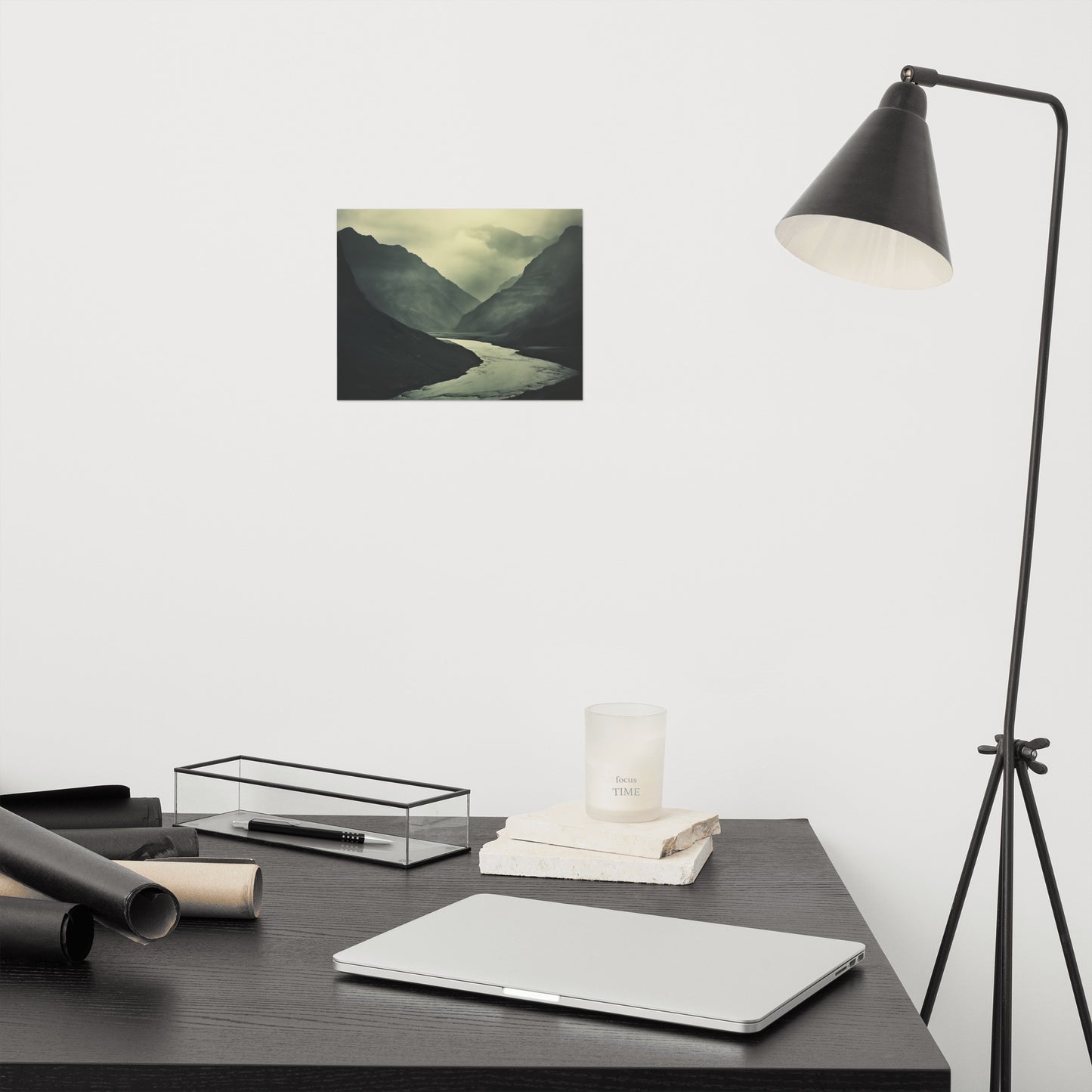 Bachelor Pad Living Room Art: Ancient River, Timeless Peaks Vintage Subdued Photorealism - Digital Artwork Unframed Print - Dark Farmhouse Style