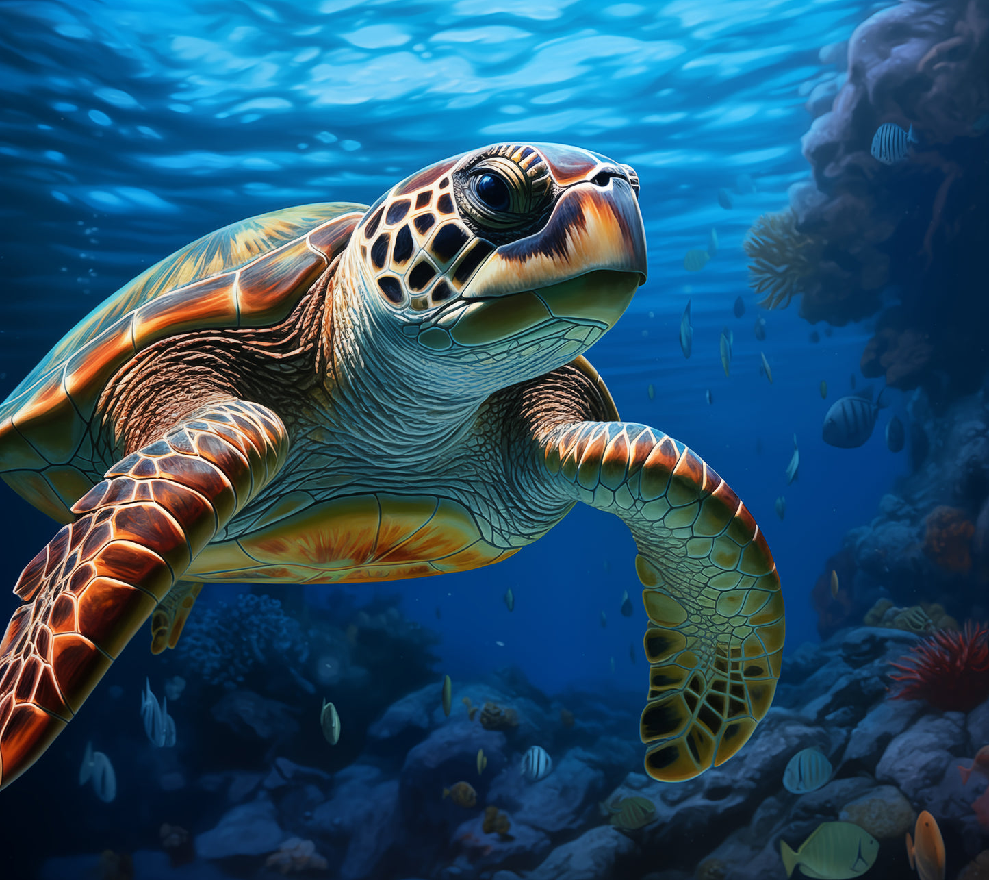 Beneath the Surface Sea Turtle Coastal Illustration - Digital Artwork Loose Art Print