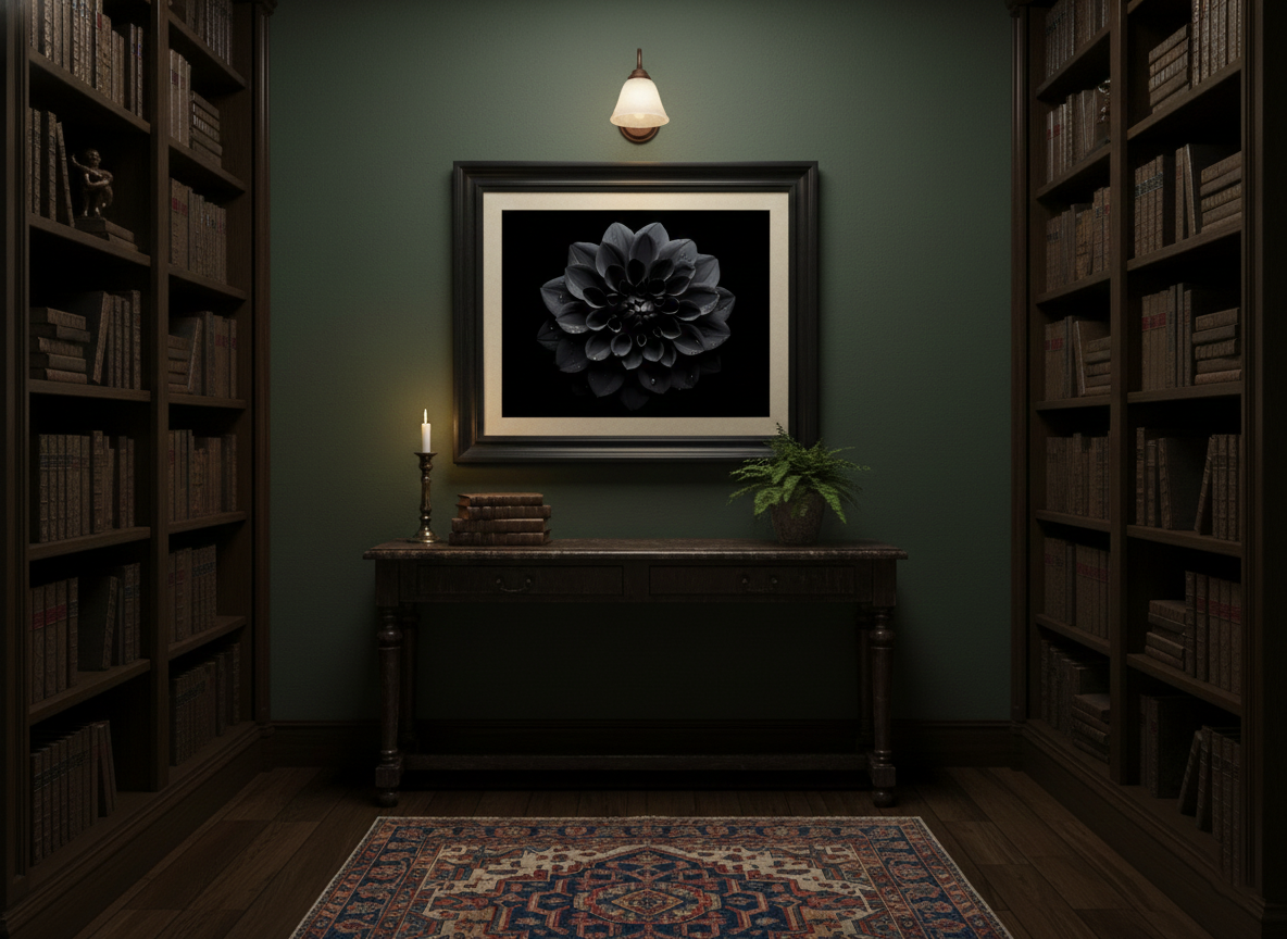 Black Beauty Black Flowers Photorealistic Digital Artwork Loose in Dark Academia Style Hallway