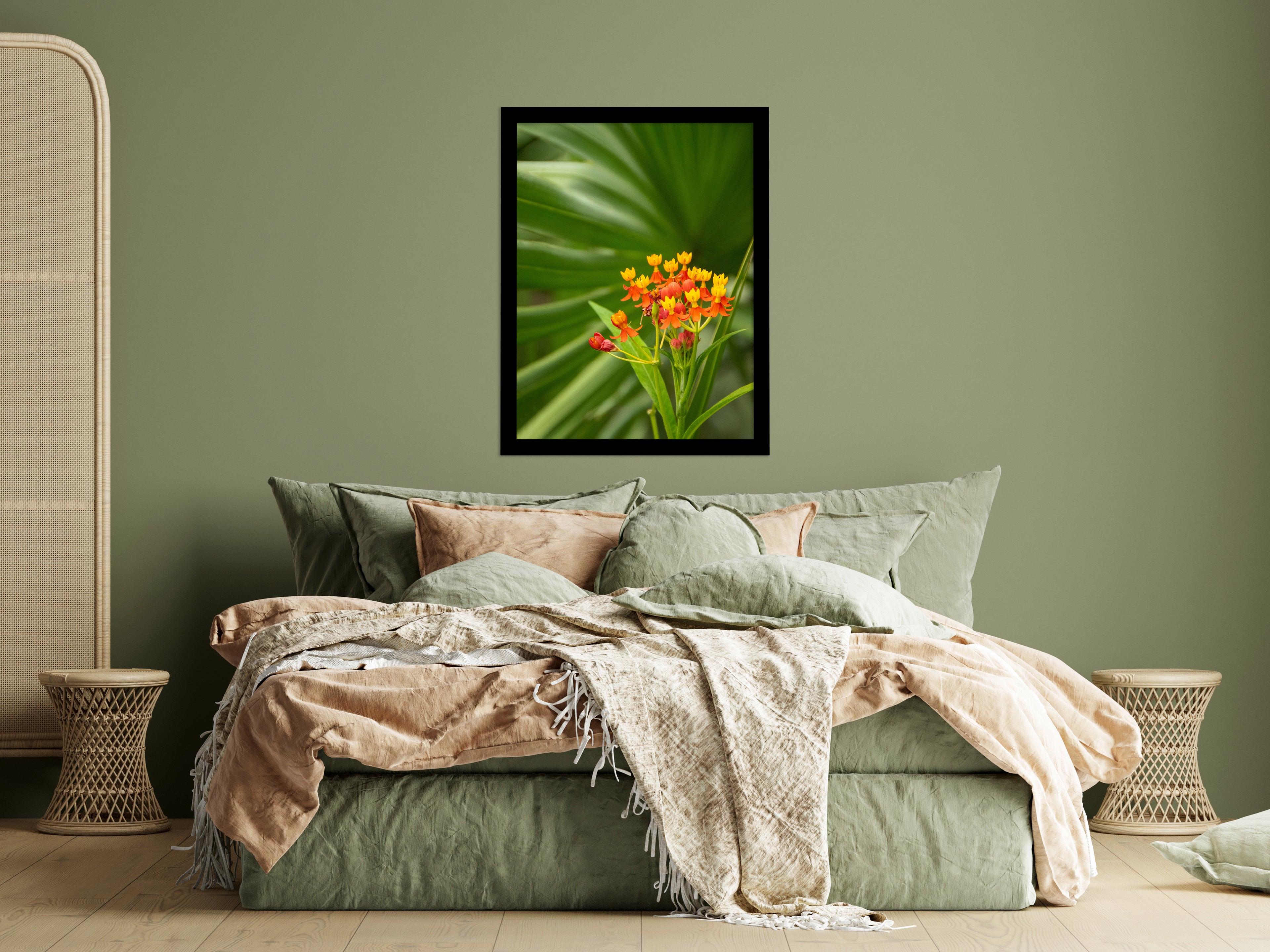Bloodflowers and Palm Floral Botanical Floral Nature Photograph Wall Art Prints in Bedroom Setting Above Master Bed