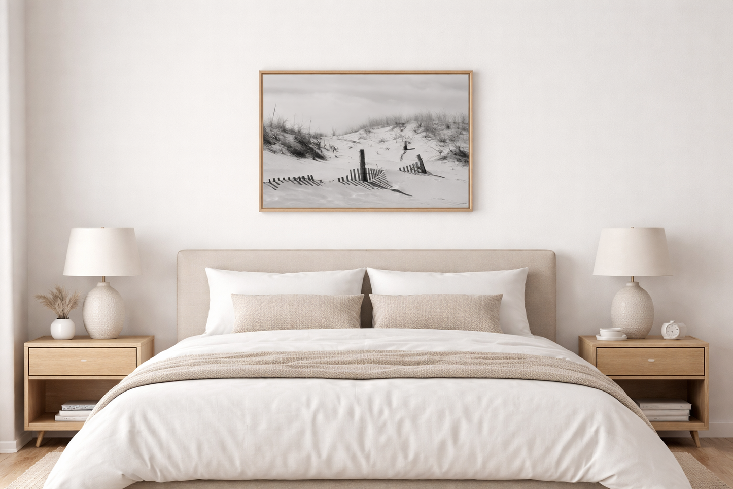 Buried Fences Black and White Landscape Photograph Loose Wall Art Print in Minimalist Style Bedroom