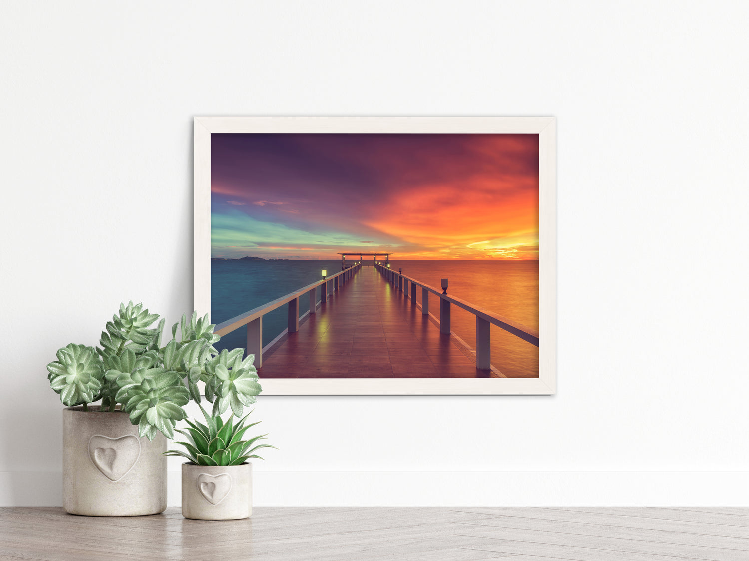 Framed Coastal Wall Art: Surreal Wooden Pier At Sunset with Intrigued Effect - Coastal / Seascape / Nature / Landscape Photo Framed Artwork - Wall Decor
