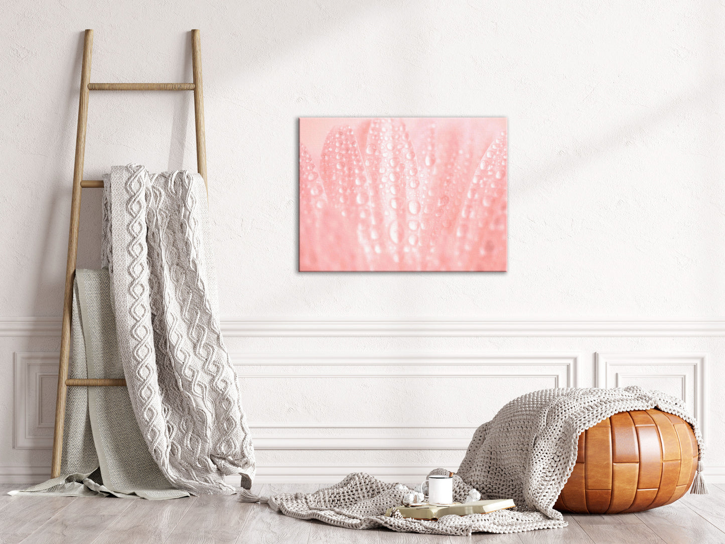 Close-Up Pink Daisy Floral Botanical Photograph Shabby Chic - Vintage Canvas Wall Art Print in Hallway Setting