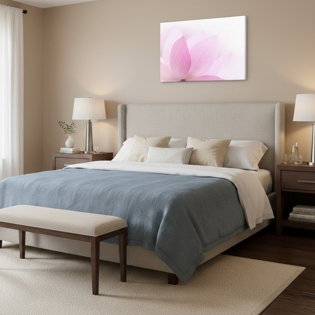 Blush Flower Wall Decor: Closeup on Lotus Flower Petal Floral Nature Photograph Canvas in Transitional Style Bedroom