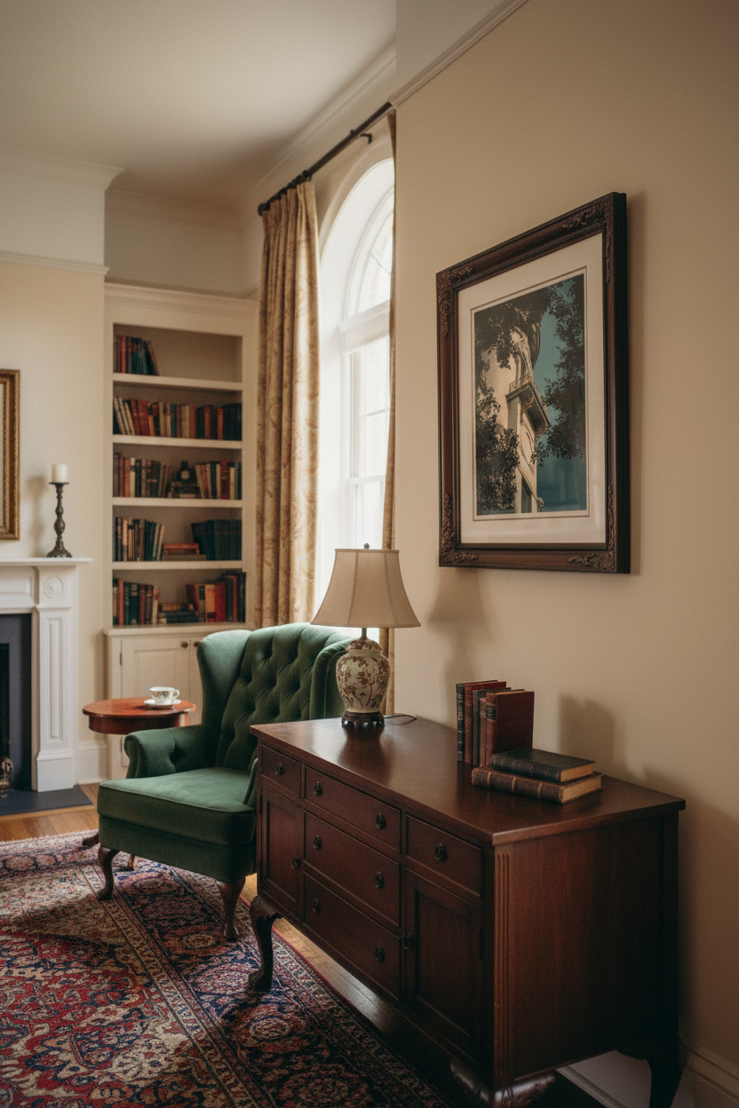 Decorative Turret Window & Trees Architectural Photograph Custom Framed Wall Art Print in Traditional Style Living Room