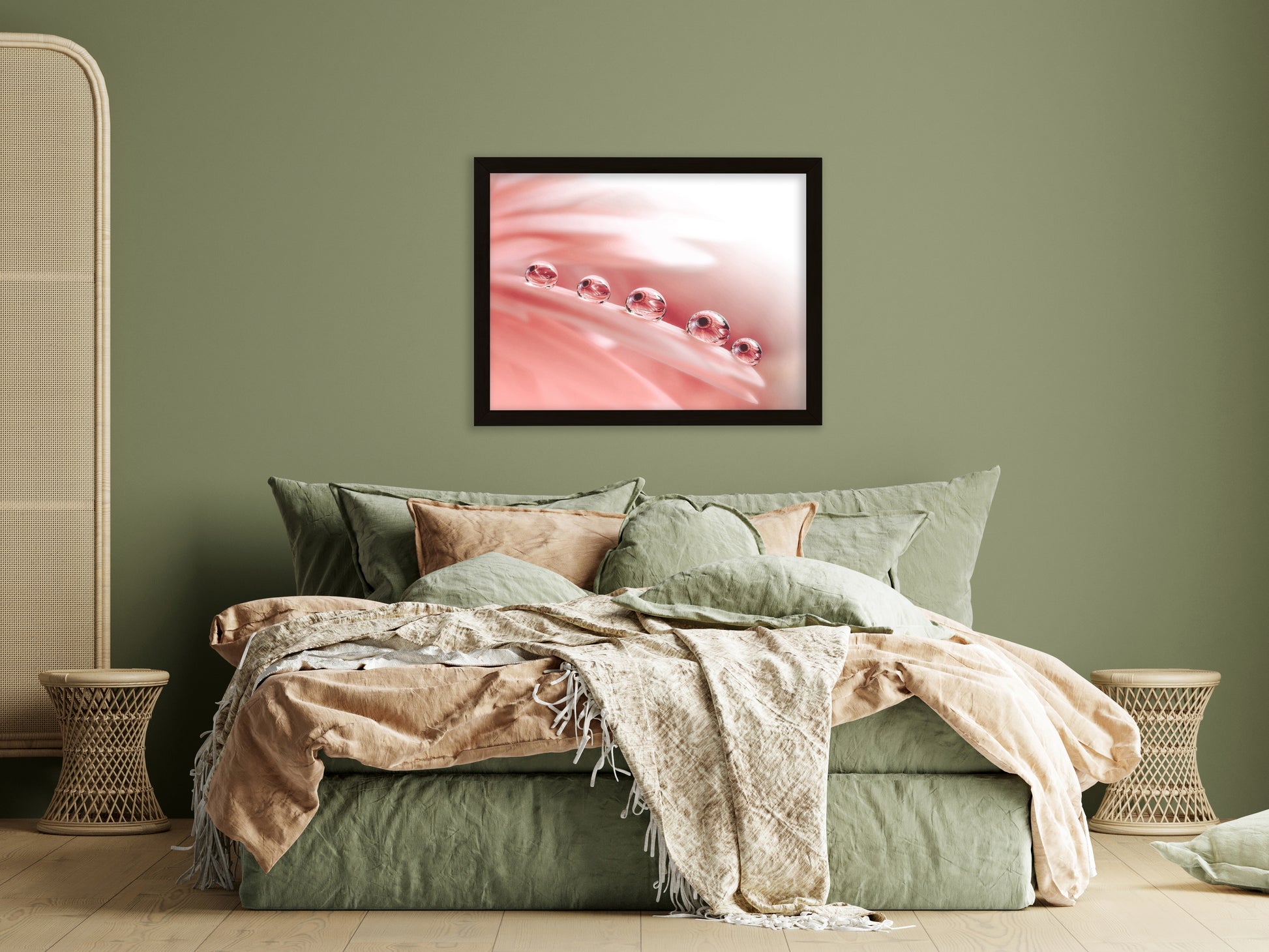 Horizontal Art Above Bed: Dew Drops on Gerbera Daisy Petals Floral Botanical Photograph Shabby Chic - Vintage Framed Wall Art Print