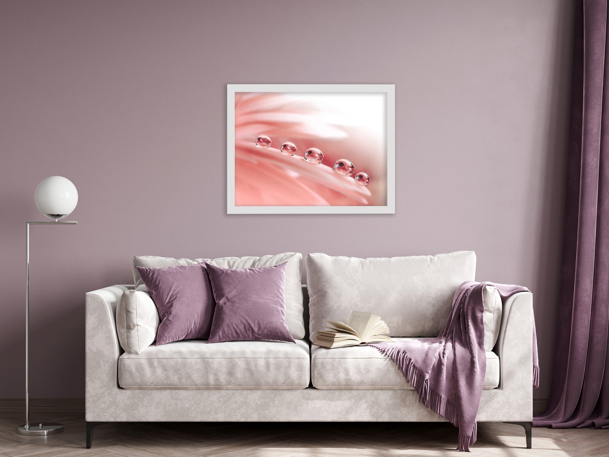 White Framed Flower Pictures: Dew Drops on Gerbera Daisy Petals Floral Botanical Photograph Shabby Chic - Vintage Framed Wall Art Print