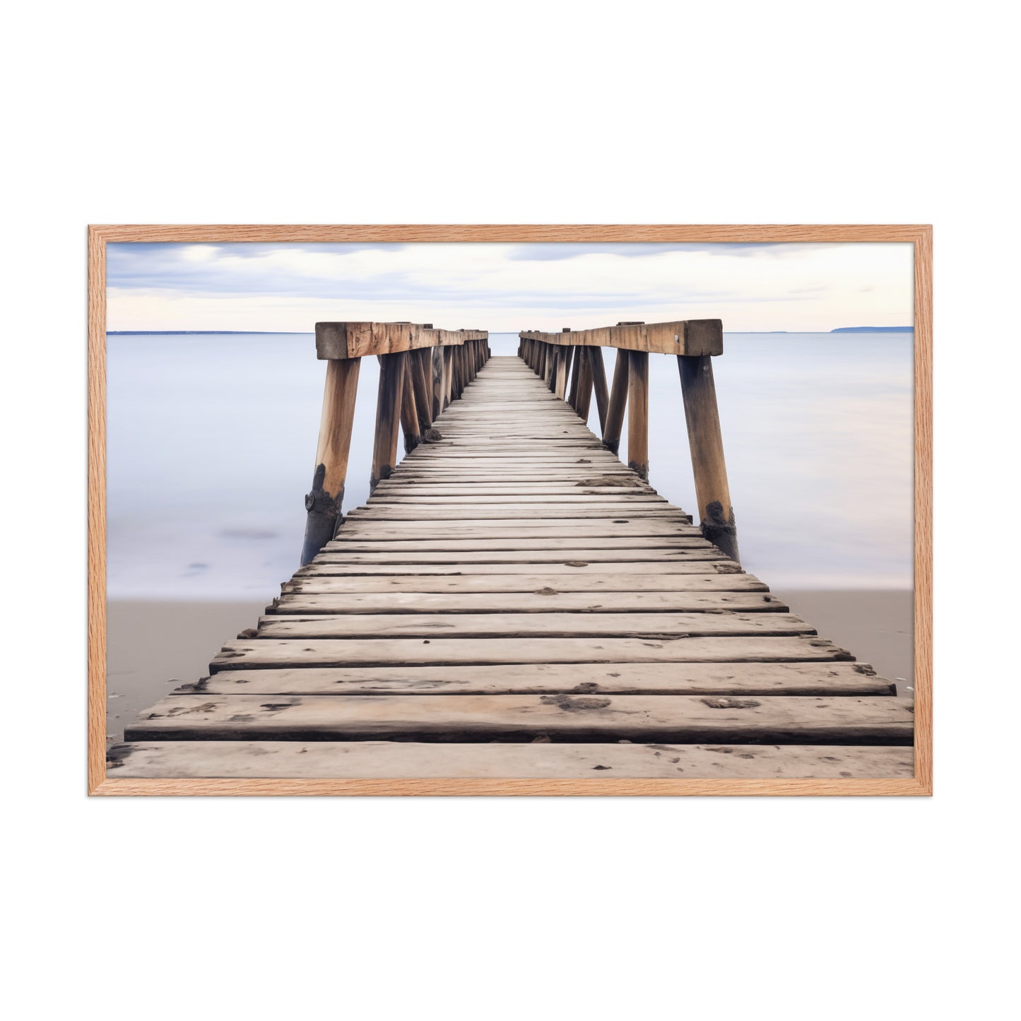 Echoes of the Sea Abandoned Weathered Pier Beach Subdued Photorealistic Digital Artwork Framed Natural Wood Frame