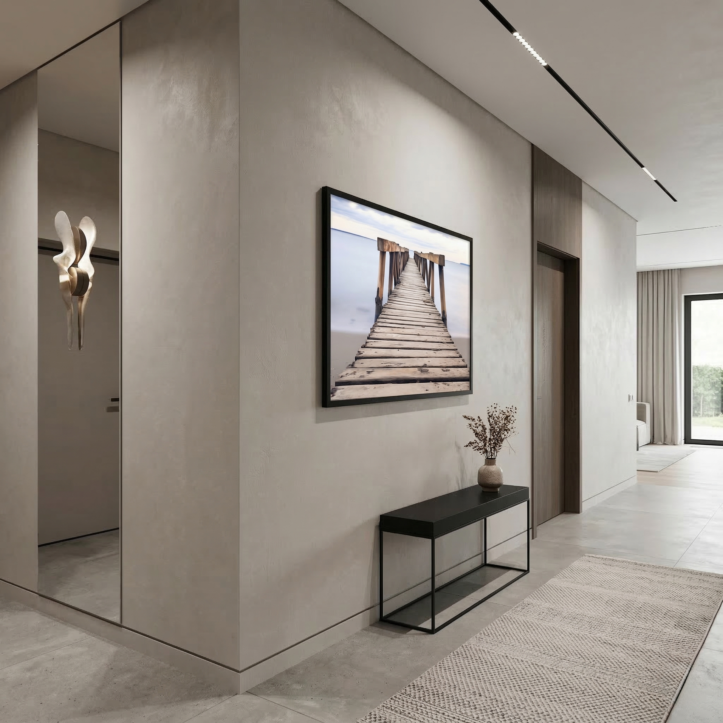 Echoes of the Sea Abandoned Weathered Pier Beach Subdued Photorealistic Digital Artwork Framed in Modern Style Hallway