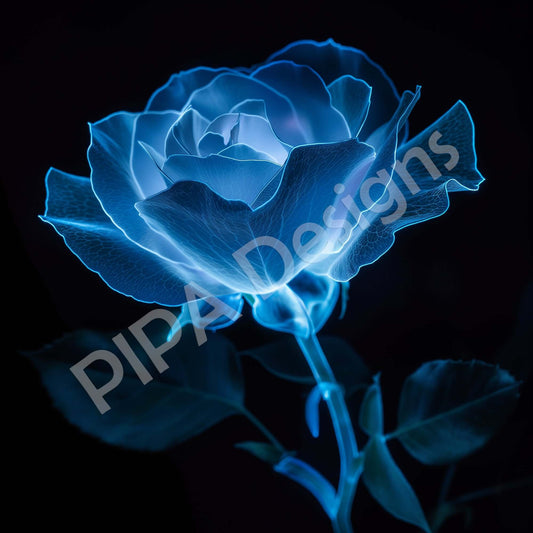 DOWNLOADABLE / PRINTABLE Botanical / Floral / Minimal Modern Digital Artwork Ethereal Embrace Bioluminescent Rose on Black Size up to 40x60