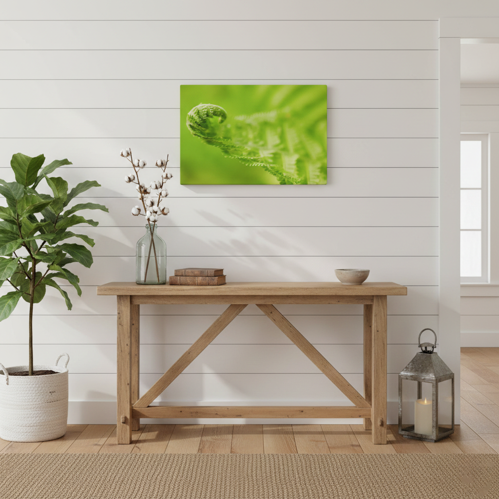 Fern Curl Minimal Botanical Nature Photography Print Canvas in Modern Farmhouse Style Hallway