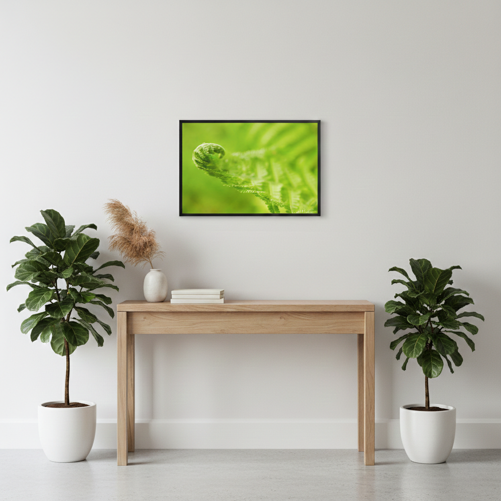 Fern Curl Minimal Botanical Nature Photography Print Framed in Minimalist Style Entryway