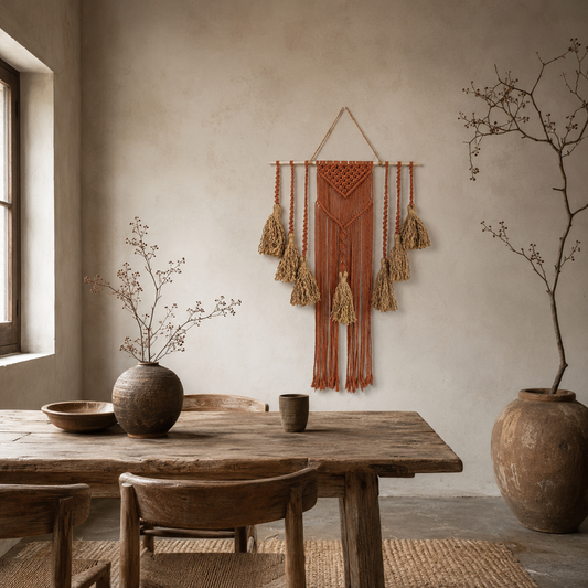 Fiber Art Custom Macrame Wall Hanging Terracotta in Wabi-Sabi Style Dining Room
