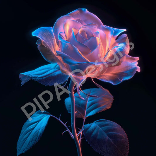 Floral Fantasy Bioluminescent Rose on Black Background Downloadable / Printable Digital Artwork