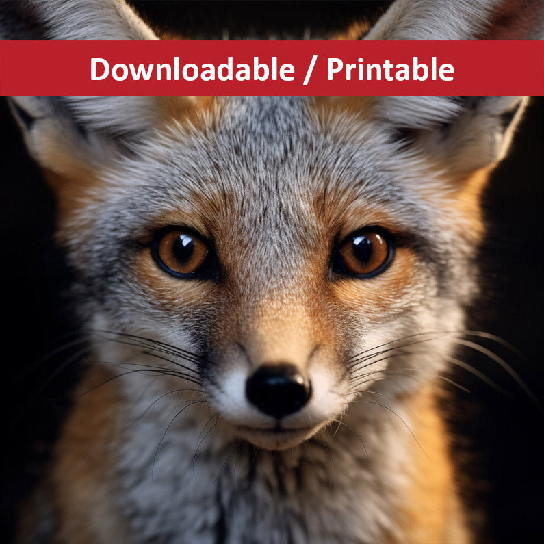 Foxfire Gaze Gray Fox Photorealistic Digital Artwork DIY Downloadable and Printable Wall Art Prints