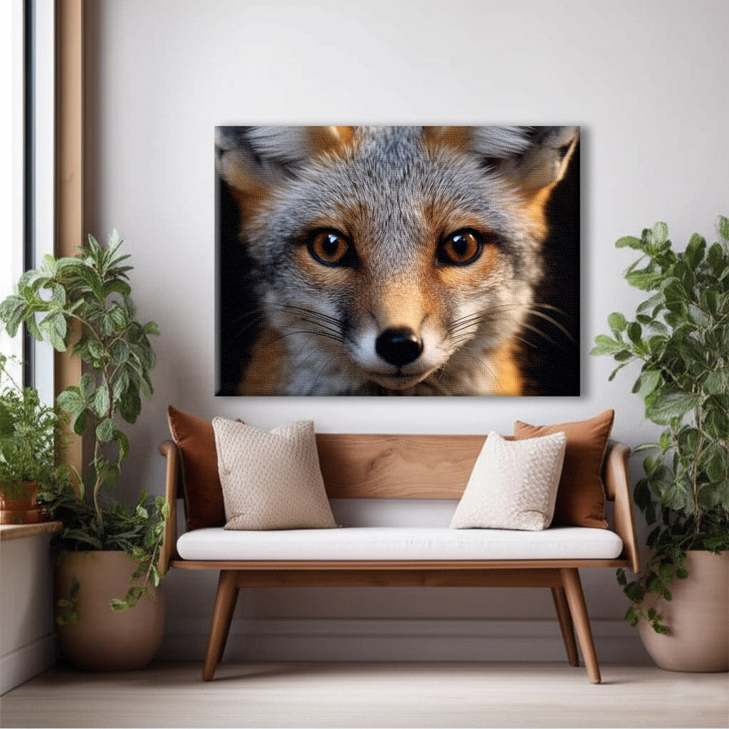 Foxfire Gaze Gray Fox Photorealistic Digital Artwork Framed Wall Art Print in modern rustic chic hallway