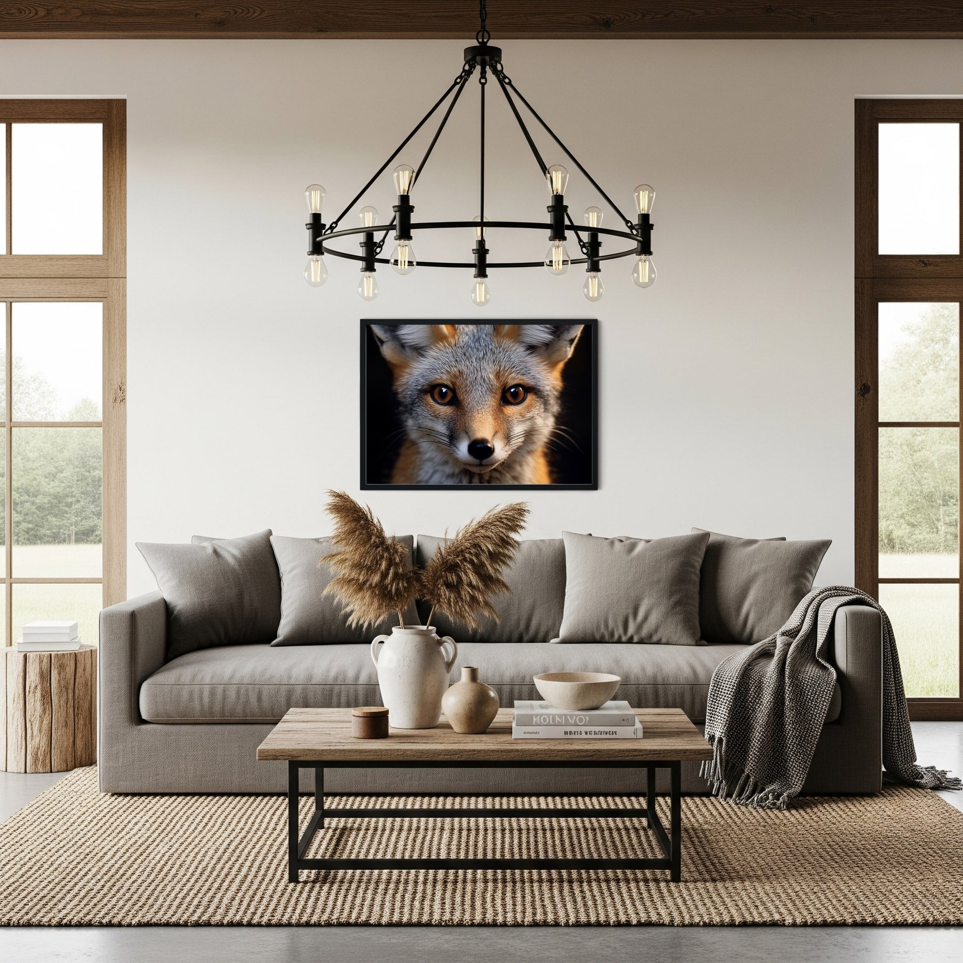 Foxfire Gaze Gray Fox Photorealistic Digital Artwork Framed Wall Art Print in modern rustic chic living room