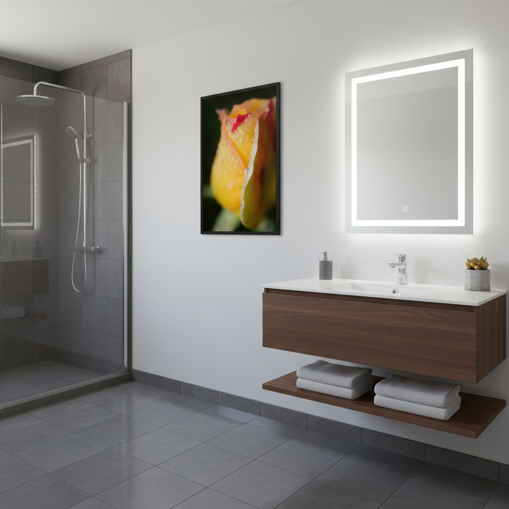 Framed Floral Prints Dew on Yellow Rose Botanical Nature Photograph in Contemporary Style Bathroom
