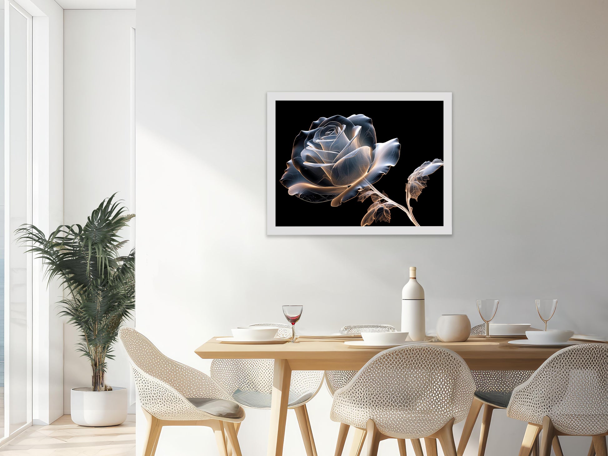 Ghostly Bloom X-Ray Effect Illustration Framed Wall Art Print in Modern Dining Room Setting
