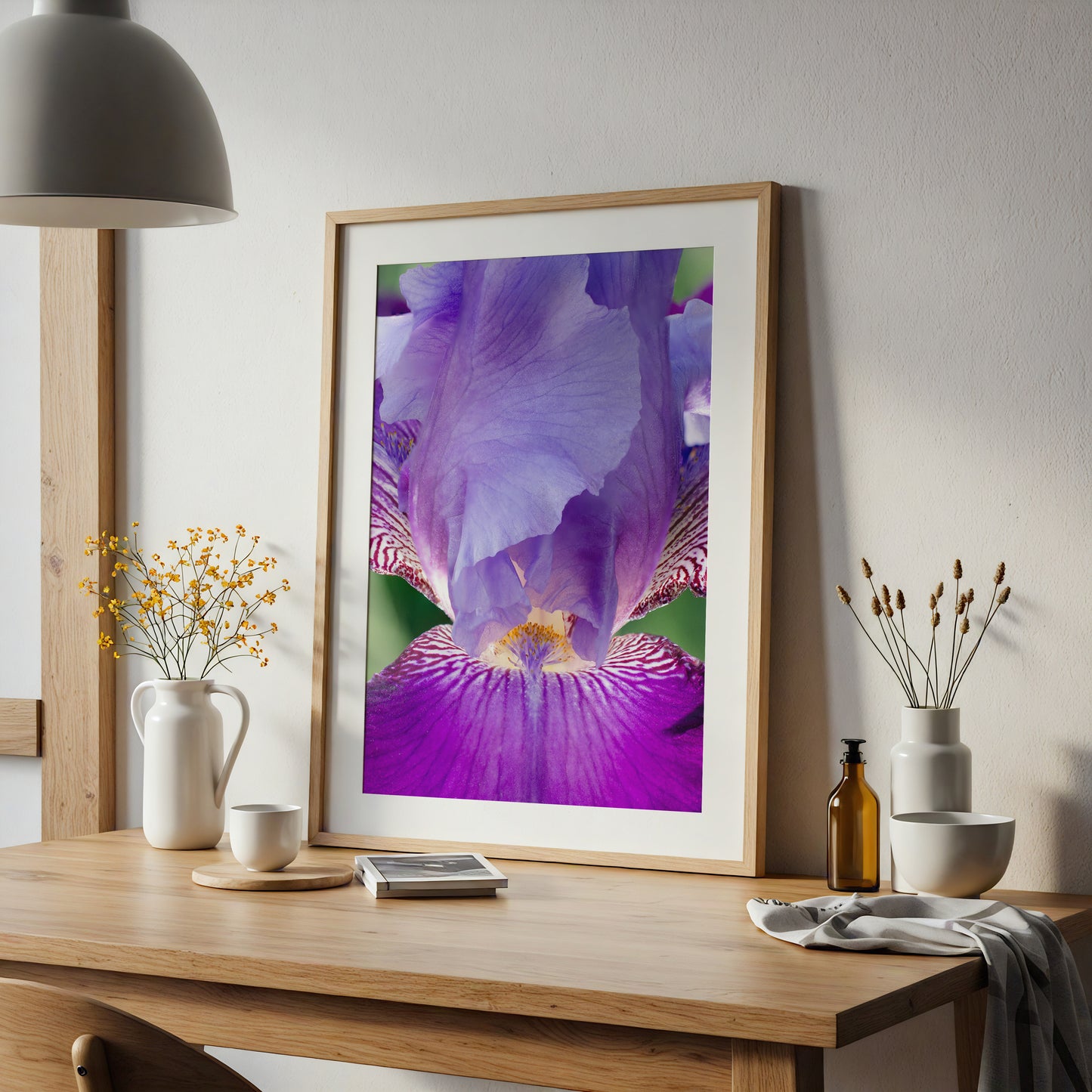 Glowing Iris Nature Photograph Botanical Floral Wall Art Printable Featured in Home Office Setting